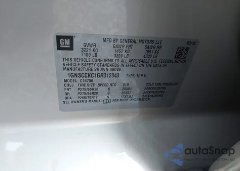 2016 Chevrolet Tahoe Ltz z USA, uszkodzony, nr VIN 1GNSCCKC1GR312043